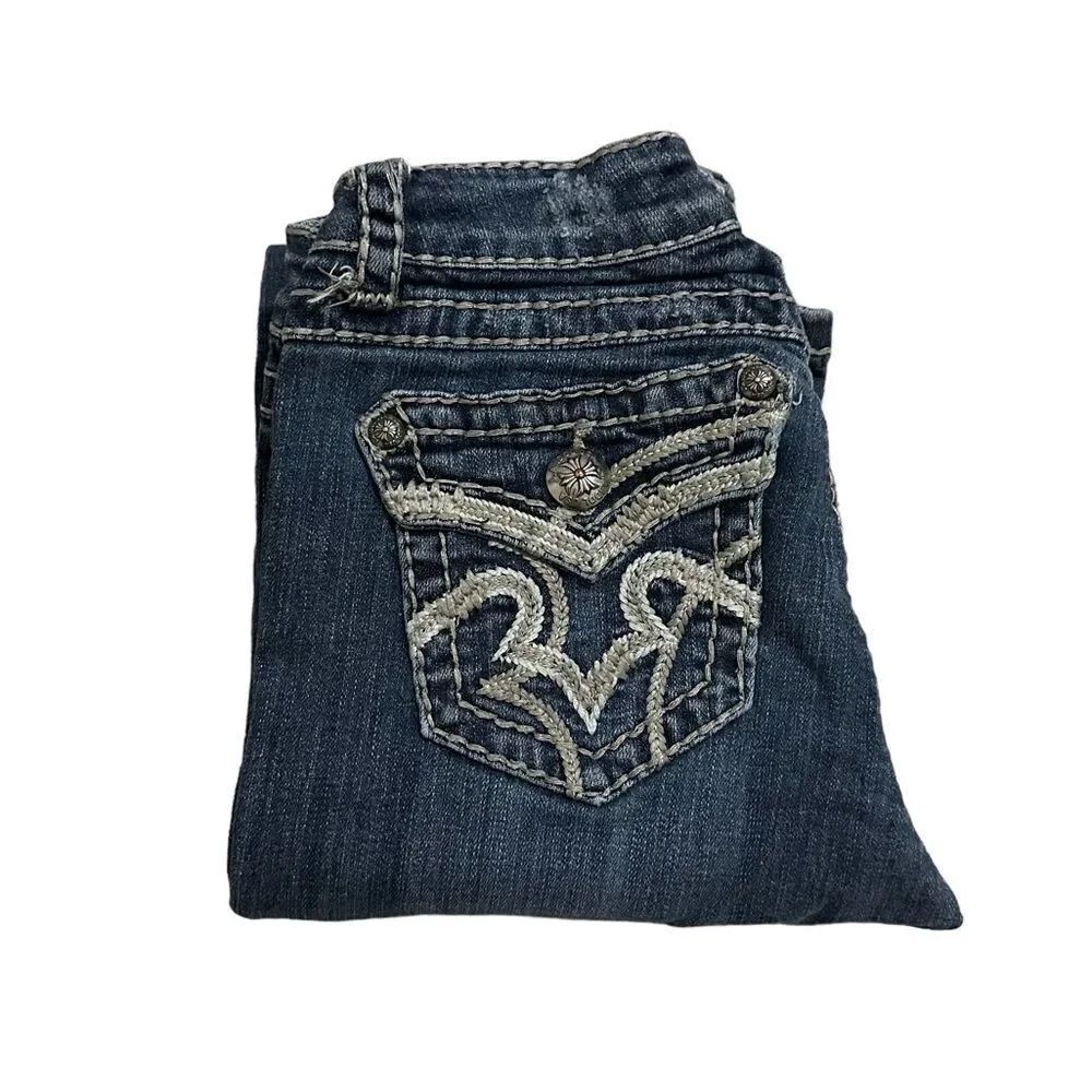 L.A. Idol Y2K Dark Wash Embellished Flap Pocket Flared Bellbottom Denim Jeans